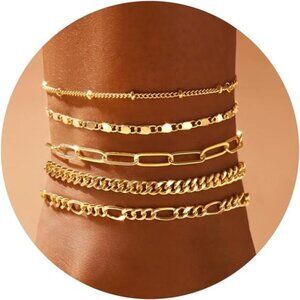 Gold Anklet Set for Women Layered Cuban Figaro Paperclip Waterproof Jewelry